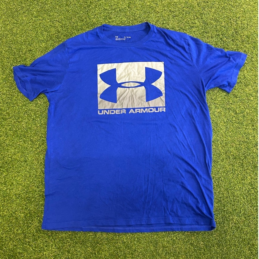 Under Armour Mens XL Blue Silver Box Logo Short Sleeve Loose Fit Graphic T-Shirt